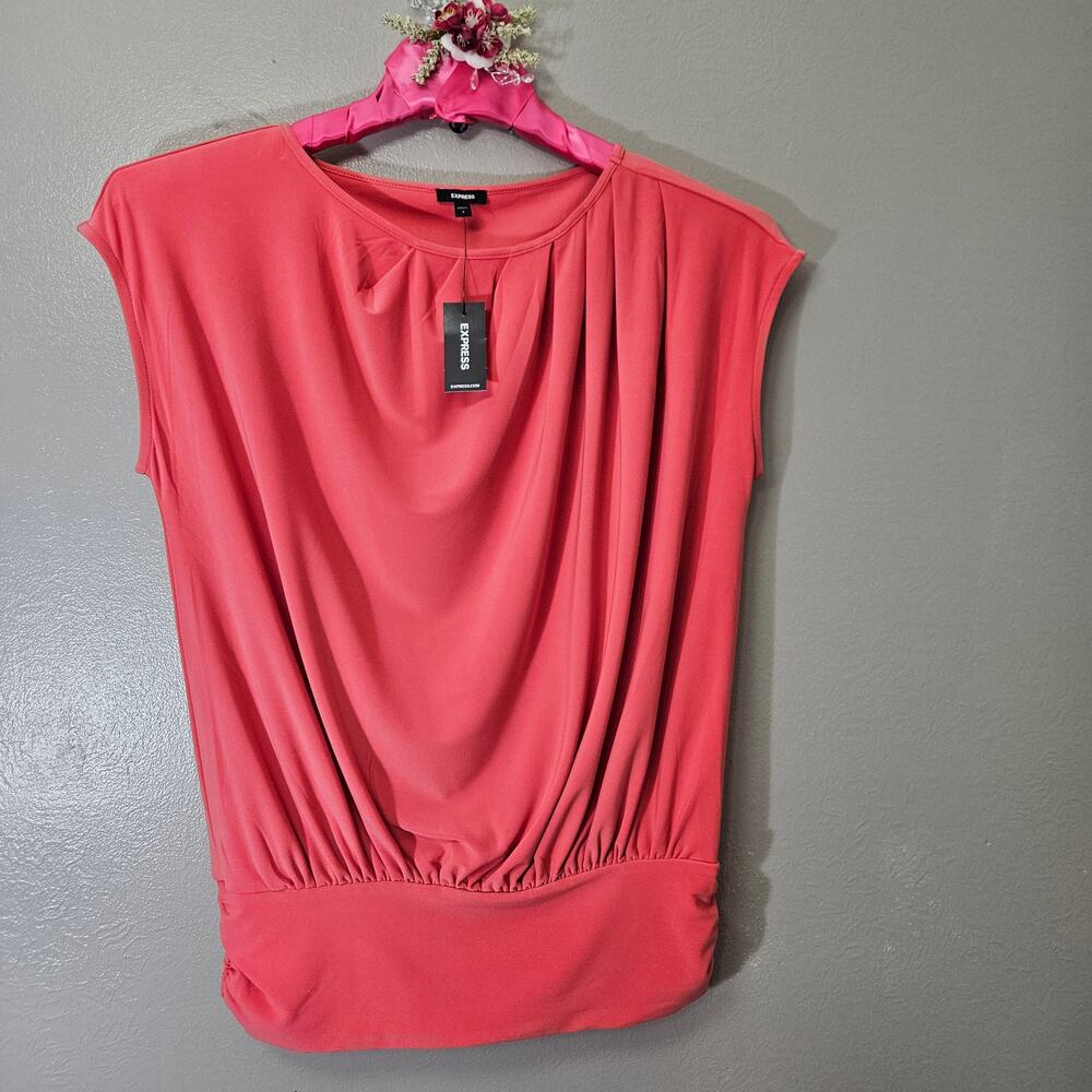 NWT Express Coral Pink Drape Neck Ruched Waist Top S Minimalist Preppy Normcore